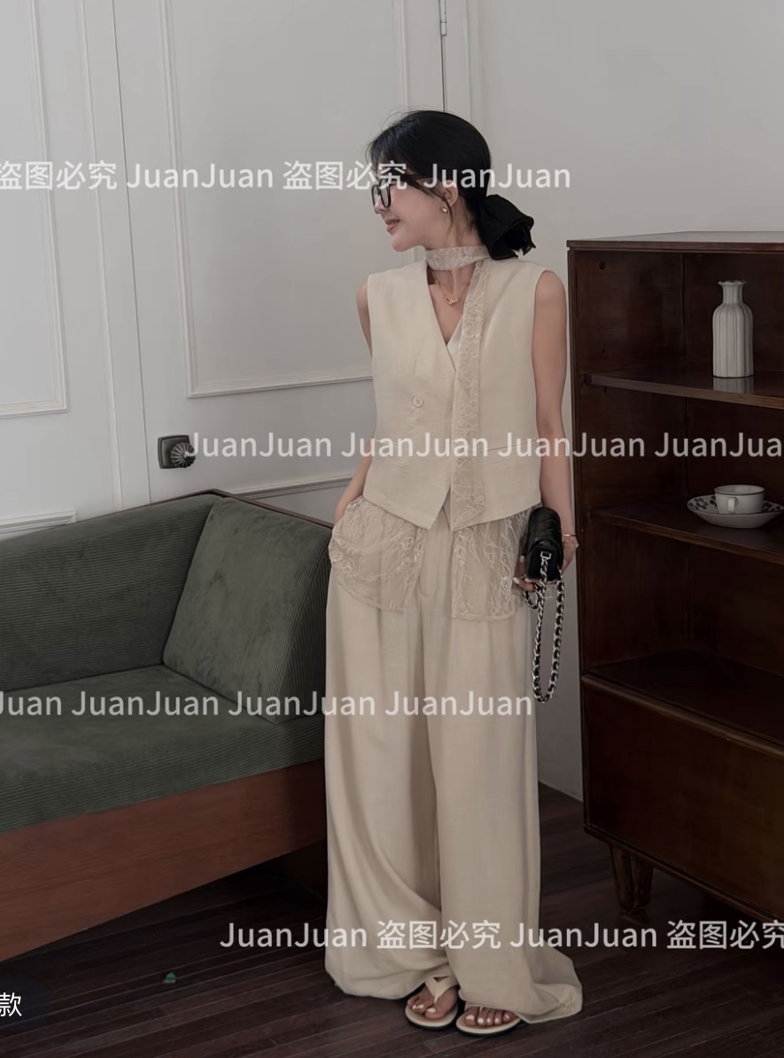 갑자기 올 여름 juanjuan 패션 패치워크 맨위 플러스 와이드 레그 팬츠 투피스 세트