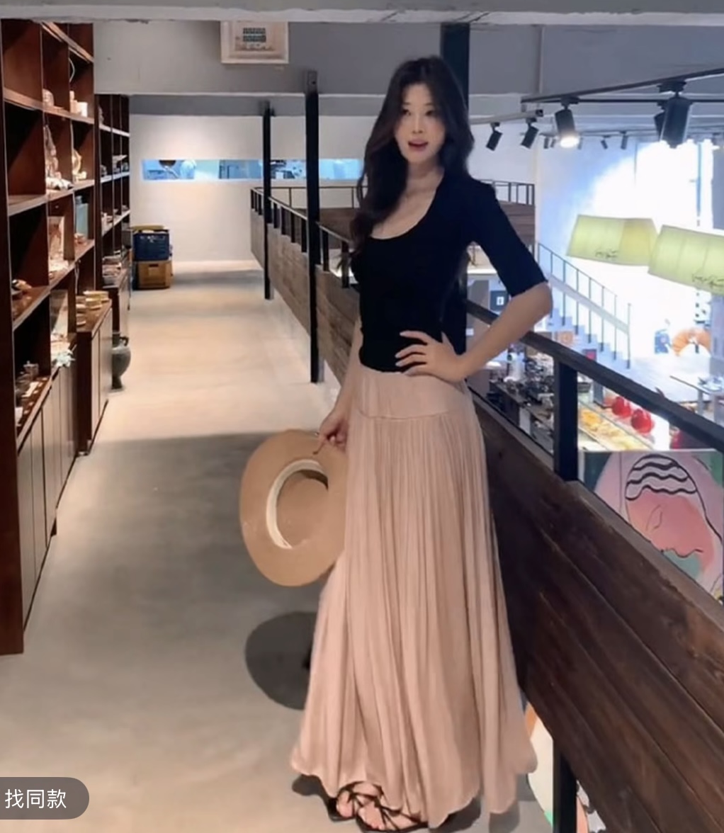 2026 여름 새로운 한 부서 착용 가져 가라. 몸매 가꾸기 다용도 u 칼라 중간 소매 맨위 디자인 센스 하이웨이스트 슬림해 보이는 반신 스커트