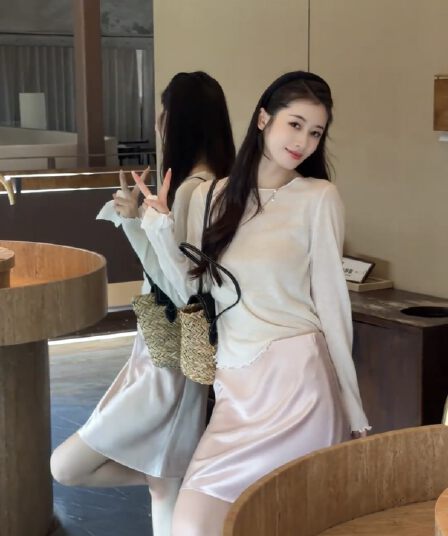 yiyili 양모 여름 캐주얼 품격 바람 화이트 프릴 긴팔 다용도 맨위 반신 스커트