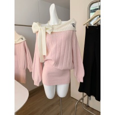 批发小红书爆款一字肩<b class='q'>蝴蝶结</b>厚款<b class='q'>连衣裙</b>氛围感针织长袖毛衣