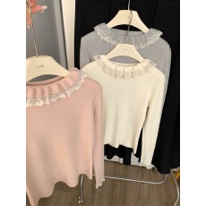 批发藕粉色花边翻领<b class='q'>修身</b>针织衫女法式小众叠穿内搭温柔风设计感上衣