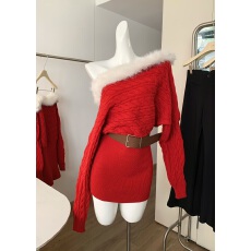 批发纯欲风斜肩气质红色长袖针织连衣裙女冬季新年裙子收腰显瘦包臀裙