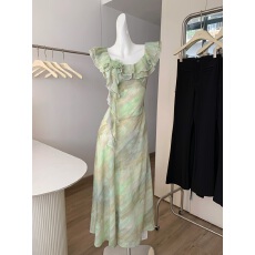 批发春夏浪漫法式荷叶领飞飞袖<b class='q'>连衣裙</b>时尚优雅气质修身显瘦A字<b class='q'>中长</b>裙