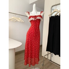 批发夏日樱桃 红色连衣裙女新款复古气质包臀鱼尾裙法式碎花裙