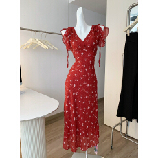 批发SE GENTLE SUN秀熙熙春季新法式优雅度假<b class='q'>连衣裙</b>V领印花纯欲裙子女