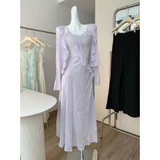 批发紫色提花面料蕾丝拼接吊带<b class='q'>连衣裙</b>女波浪边长裙修身鱼尾裙