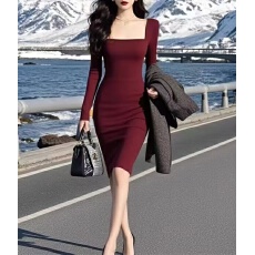 批发卜斯斯<b class='q'>同款</b>深酒红罗纹针织方领修身打底包臀<b class='q'>连衣裙</b>