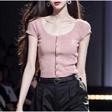 批发2026夏款清新淑女范低领开衫女装短袖上衣