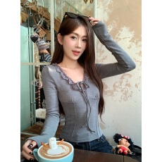 批发实拍实价 <b class='q'>蕾丝</b>花边V领系带长袖<b class='q'>打底衫</b>女秋冬灰色修身显瘦上衣