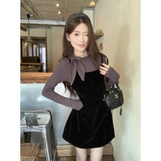 批发实拍实价 秋冬新款高级感修身<b class='q'>长袖</b>T恤打底衫+连衣裙<b class='q'>两件套</b>