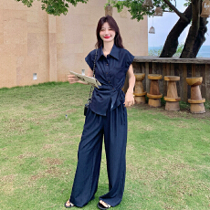 2026新款女装深蓝色阔腿裤套装简约通勤两件套223-P165K245