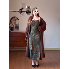 批发大码小个子法式蕾丝领边碎花吊带连衣裙慵懒老钱风长外套开衫套装