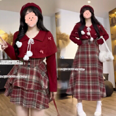 批发大码圣诞小兔胖mm千金风polo领针织毛衣女秋冬红色上衣套装