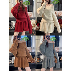 批发大码装小个子新年穿搭一整套秋冬慵懒风一字肩麻花毛衣半身裙套装