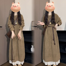 批发大码法式慵懒风圆领针织长袖<b class='q'>连衣裙</b>女秋冬宽松设计感显瘦毛衣裙