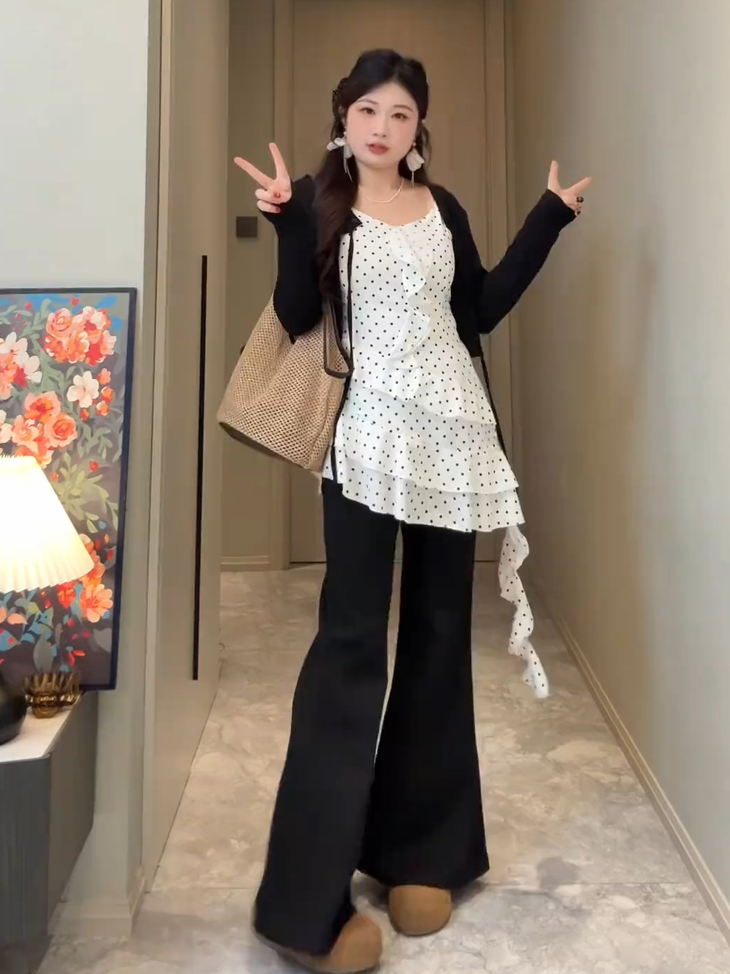 빅 사이즈 마이크로 지방 mm 한 부서 레트로 도트 무늬 불규칙 프릴 슬립 점프 슈트 치마 검정색 오픈 가디건 세트