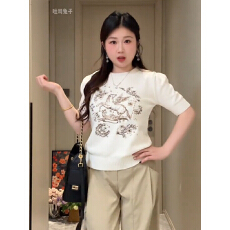 批发大码胖mm重工刺绣小马图案针织短袖T恤女<b class='q'>春</b>夏纯欲风显瘦正肩上衣