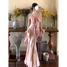 批发大码女装 碎花修身弹力网纱吊带连衣裙+飘带弹力开衫两件套装
