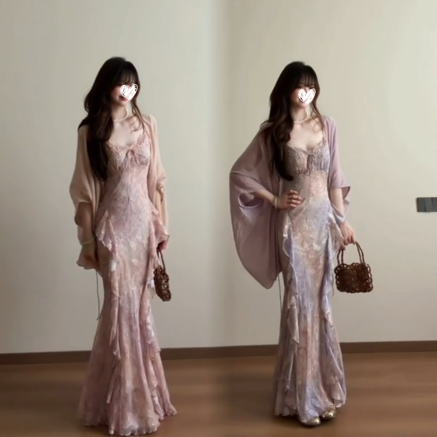 빅 사이즈 지방 mm 여름 새로운 수 있습니다. 조정 몸매 가꾸기 슬림해 보이는 연꽃 잎 작은 꽃무늬 품격 순수한 욕망 바람 슬립 드레스