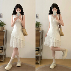 批发大码 韩系蕾丝拼接杏色v领无袖背心<b class='q'>连衣裙</b>女夏收腰蛋糕裙短裙子