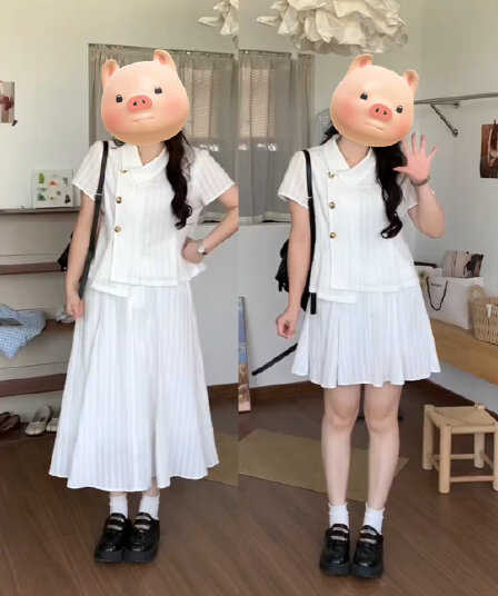 화이트 달 매너 마이크로 지방 빅 사이즈 한 부서 학원 스타일 폴로 칼라 자카드 셔츠 반신 스커트 투피스 슈트