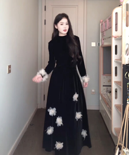 빅 사이즈 부유 한 가족 천 금빛 바람 검정색 벨벳 세트 드레스 여성 가을 겨울철 3 차원 꽃 고급 센스 품격 롱 스커트