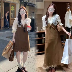 批发大码女秋季温柔韩系减龄双层娃娃领衬衫镂空设计感百搭连衣裙套装