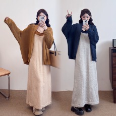 批发<b class='q'>大码</b>秋装新款洋气经典条纹吊带裙针织开衫两件套秋冬气质穿搭套装