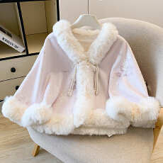 批发新中式加绒披肩仙女毛茸茸领冬季温柔保暖国风时尚百搭斗篷上衣厚