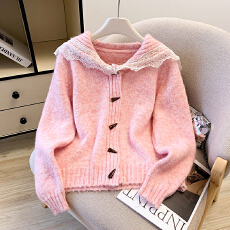 批发牛角扣针织开衫毛衣外套女2025早秋百搭巨好看法式<b class='q'>蕾丝</b>娃娃领上衣