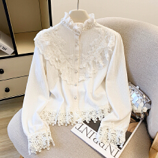 批发小香风蕾丝勾花长袖<b class='q'>衬衫</b>女秋季气质名媛别致小衫短款法式内搭上衣