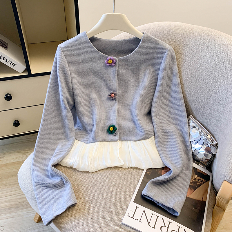 MY14640# 新款拼接假两件衬衫上衣新款小个子立体花朵娃娃衫女裝貨源服...