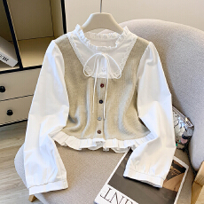 批发假两件拼接花边圆领长袖<b class='q'>衬衫</b>女秋季新款洋气绑带百搭显瘦短款上衣