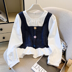 批发韩系气质拼接假两件长袖<b class='q'>衬衫</b>女秋季2025新款百搭娃娃衫减龄上衣