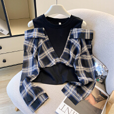 批发格子拼接假两件露肩T恤女<b class='q'>短袖</b>夏设计感小众港味复古短款上衣