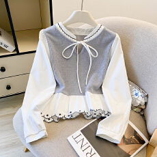 批发韩系荷叶边针织拼接长袖<b class='q'>衬衫</b>女秋2025甜美减龄蝴蝶结系带百搭上衣