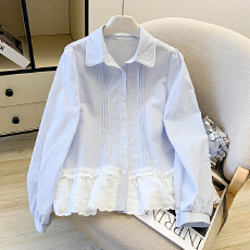 批发<b class='q'>娃娃领</b>拼接蕾丝边下摆长袖<b class='q'>衬衫</b>女2026春新款小清新 软萌学生<b class='q'>衬衣</b>
