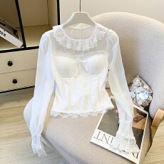 批发纯欲风蕾丝拼接圆领<b class='q'>长袖</b>衬衫女2026春修身显瘦带胸垫短款上衣