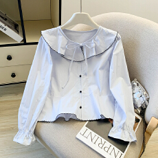 批发法式娃娃领系带荷叶边<b class='q'>长袖</b>衬衫女2026早春季新款白色衬衣洋气上衣