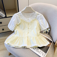 批发韩系吊带<b class='q'>假两件</b><b class='q'>衬衫</b>女2026夏季宽松显瘦减龄木耳边娃娃衫短袖上衣