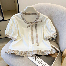 批发学院风清秀格纹蝴蝶结<b class='q'>衬衫</b>女2026夏款泡泡短袖<b class='q'>衬衣</b>别致裙摆小上衣