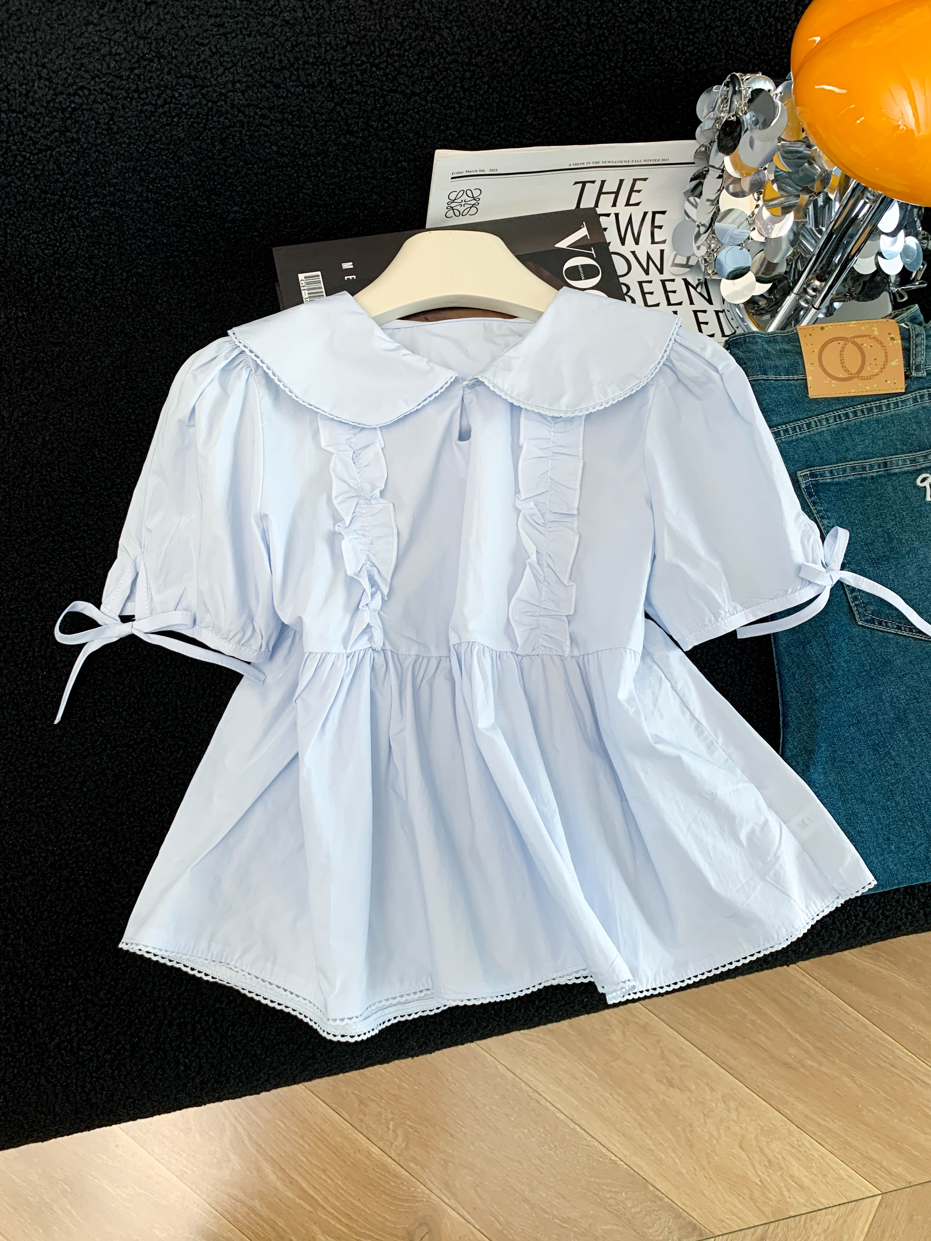 프랑스식 베이비 칼라 셔츠 슈퍼 좋은 차를 보다 인사이드 차 가스 Chic 달콤함 맨위 인형 셔츠 반팔 거품 소매