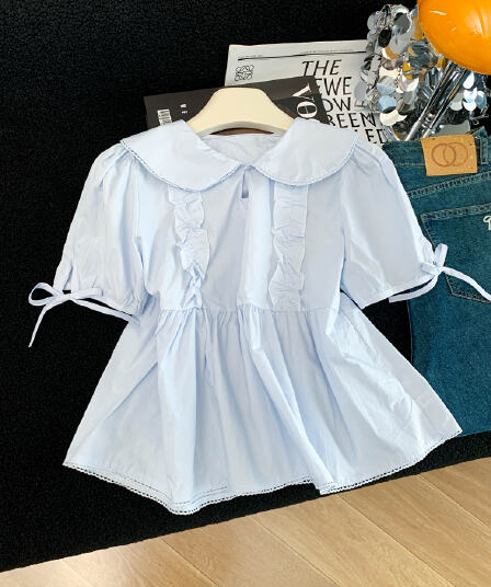 프랑스식 베이비 칼라 셔츠 슈퍼 좋은 차를 보다 인사이드 차 가스 Chic 달콤함 맨위 인형 셔츠 반팔 거품 소매