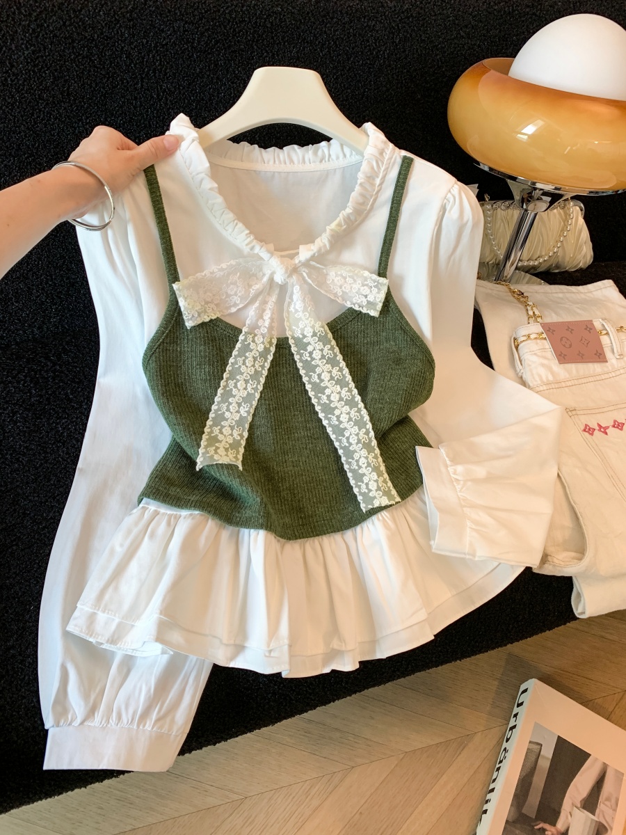 韩系甜美风条纹蝴蝶结绑带衬衫女秋季软糯舒适针织马甲两件套上衣 服裝批發女裝批發服飾貨源