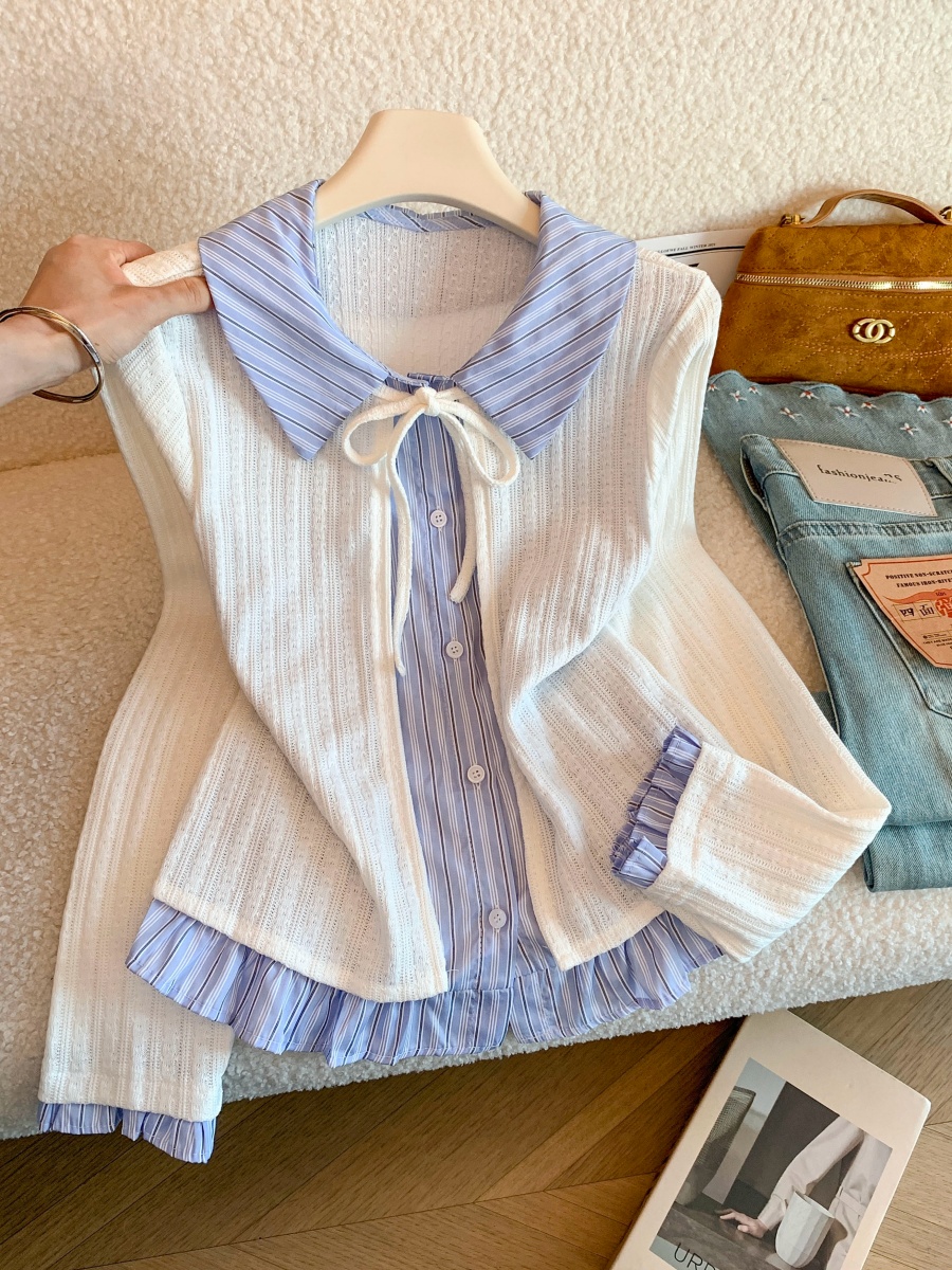 韩式甜美风条纹拼接翻领长袖衬衫女秋季设计感甜美减龄假两件上衣 服裝批發女裝批發服飾貨源