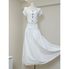 批发「少女心事」一字肩小上衣纯色短款套头白色休闲短袖