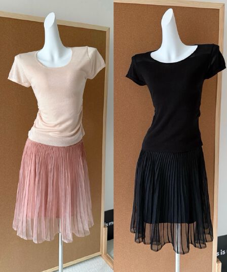 작은 예쁜 허리 라이 경기 서울 광장 칼라 펌프 Pleat 품격 반팔 청 ~을 통해 센스 망사 패치워크 플리츠 슬림해 보이는 반신 스커트