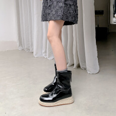 批发5cm坡跟方头后拉链草编厚底弹力瘦瘦靴<b class='q'>简约</b>女靴百搭复古增高显瘦