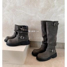 葡萄妈同款 增高6cm~ 两种筒高复古圆头粗跟扣带中筒骑士靴女短靴