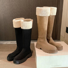批发葡萄妈同款 增高6cm~ 保暖翻毛毛加绒长筒粗跟绒面骑士靴女雪地靴